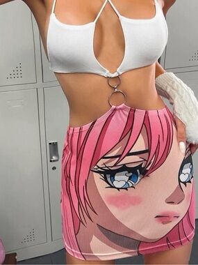 Kawaii Pink Anime Print Mini Dress